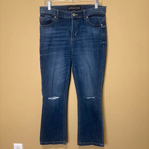 Express Bell Crop Flare Jeans Size 10 High Rise Dark Wash Distressed boho - Picture 3 of 4